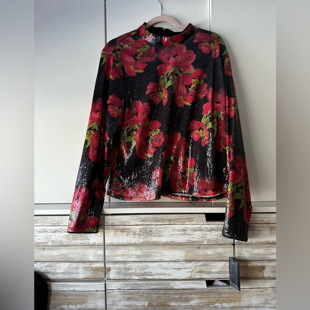✨ NWT Nicole Miller Floral Sequin Long Sleeve Top XL Lined Party Holiday